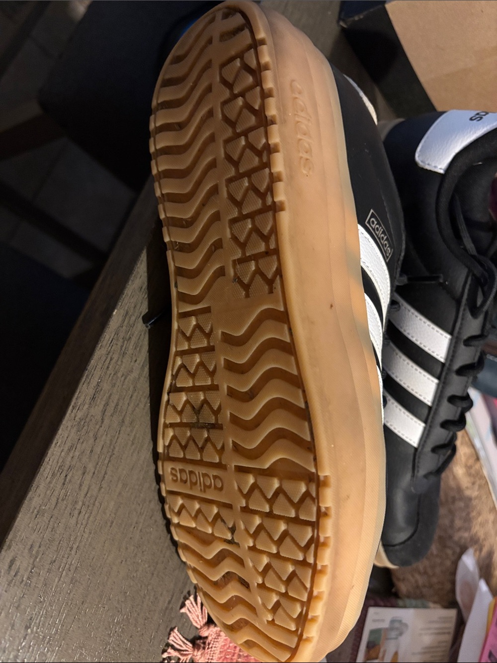 adidas Women’s Black Sneakers with White Stripes and Gum Sole - Picture 5 of 5